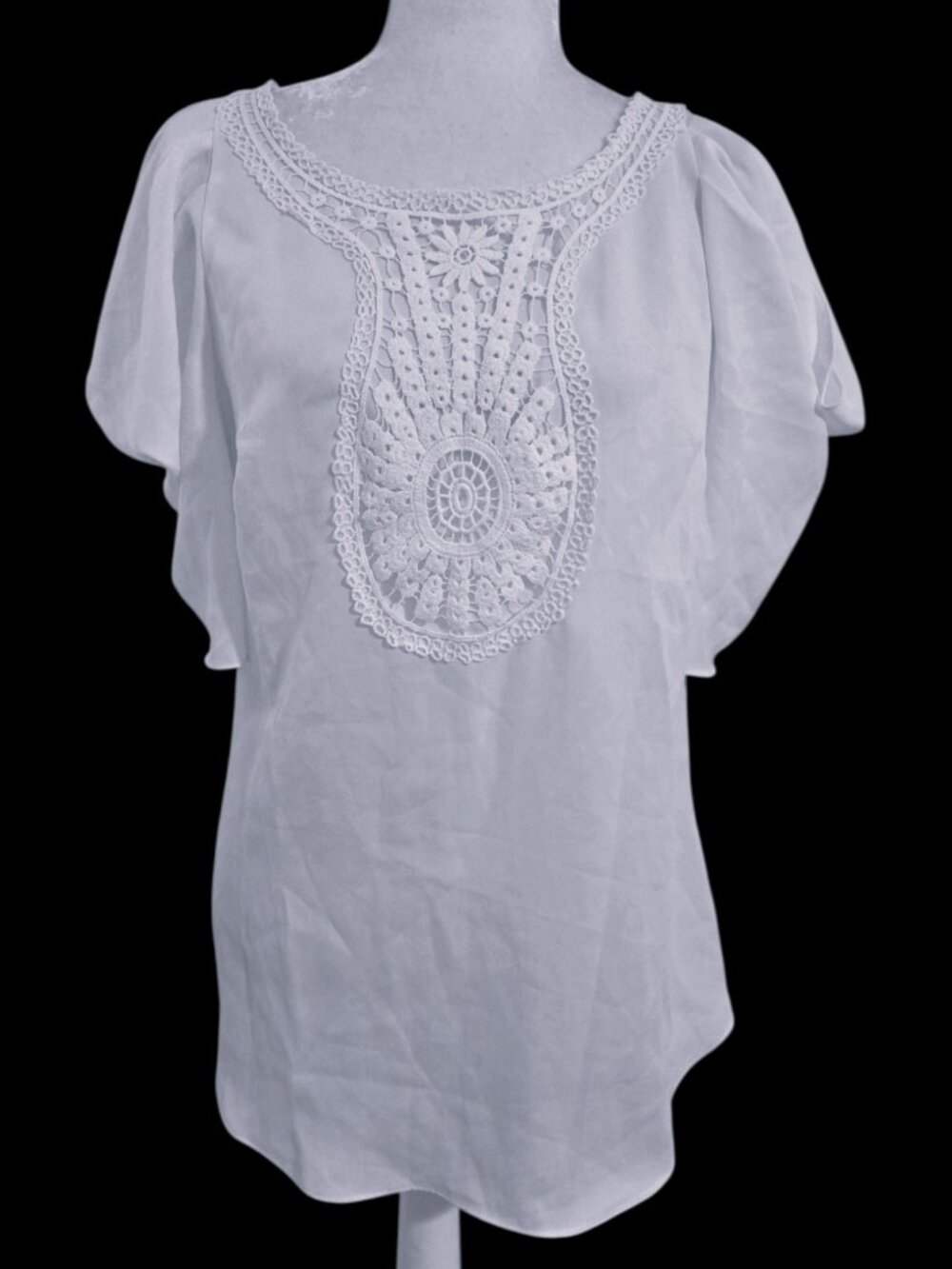 Allen B. Women's Short Sleeves Crochet Medallion White Blouse Top Small